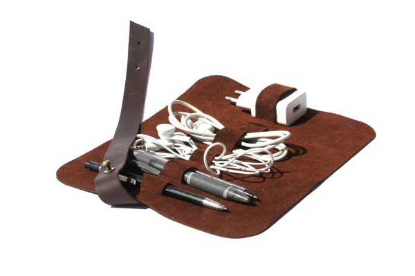 Major John Leather Cable & Pen Roll-up Bag - chocolate brown - Shopfox