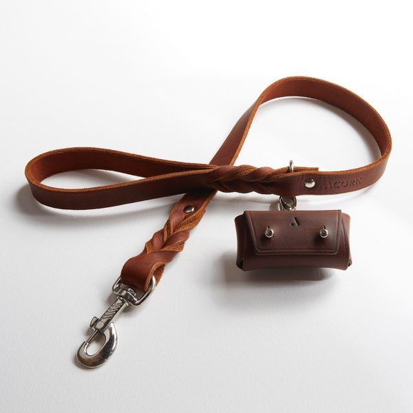 acorn leather dog poo bag holder with lead - Shopfox