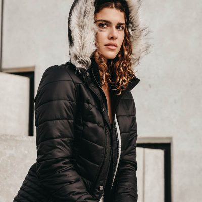GiLo Lifestyle - Ladies Dark Charcoal Long Puffer Jacket with Faux Fur Hood - front - Shopfox