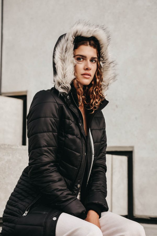GiLo Lifestyle - Ladies Dark Charcoal Long Puffer Jacket with Faux Fur Hood - front - Shopfox