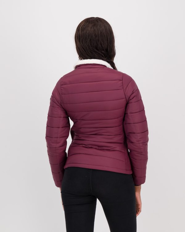 GiLo Lifestyle Ladies Burgundy Wine Short Puffer Jacket (Faux fur in collar) back - Shopfox