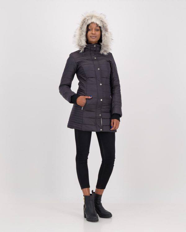 GiLo Lifestyle Ladies Dark Charcoal Long Puffer Jacket with Faux Fur Hood - Small - Shopfox