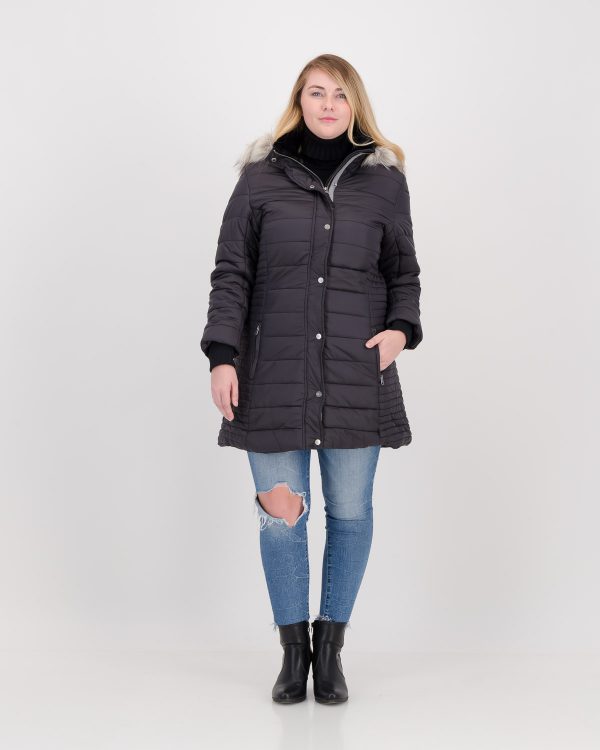 GiLo Lifestyle Ladies Dark Charcoal Long Puffer Jacket with Faux Fur Hood - Shopfox