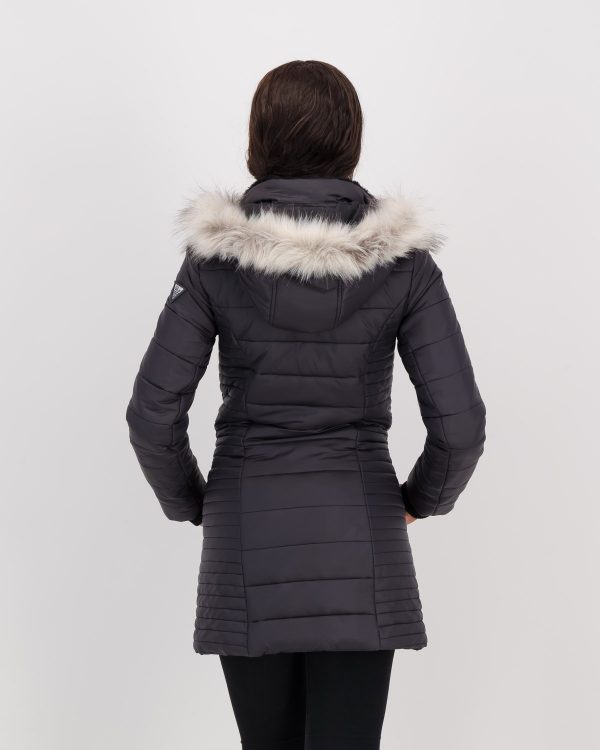 GiLo Lifestyle Ladies Dark Charcoal Long Puffer Jacket with Faux Fur Hood - back - Shopfox