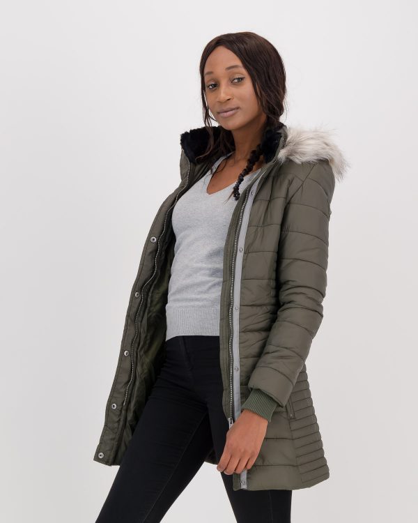 GiLo Lifestyle Ladies Wild Olive Green Long Puffer Jacket with Faux Fur Hood - Shopfox