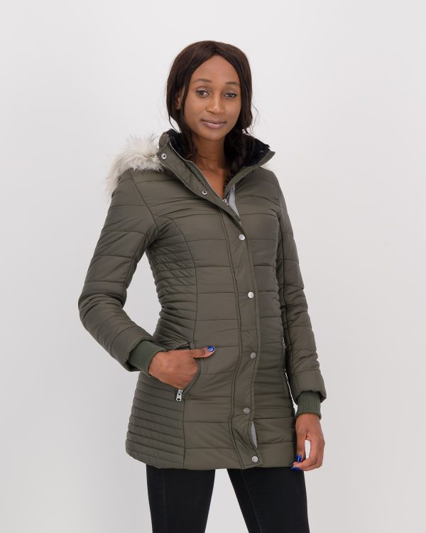 GiLo Lifestyle Ladies Wild Olive Green Long Puffer Jacket with Faux Fur Hood - front - Shopfox