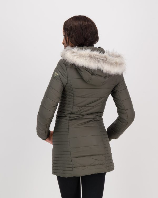 GiLo Lifestyle Ladies Wild Olive Green Long Puffer Jacket with Faux Fur Hood - back - Shopfox