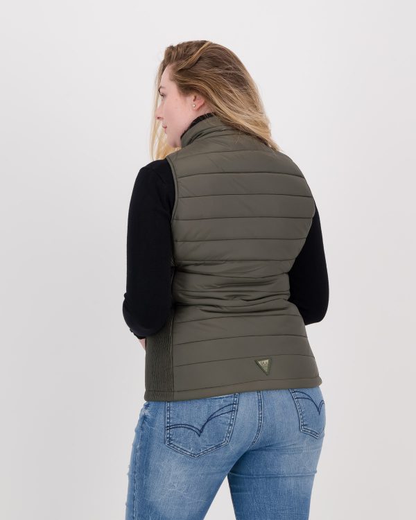 GiLo Ladies Wild Olive Green Sleeveless Jacket (faux fur in collar) - back - Shopfox