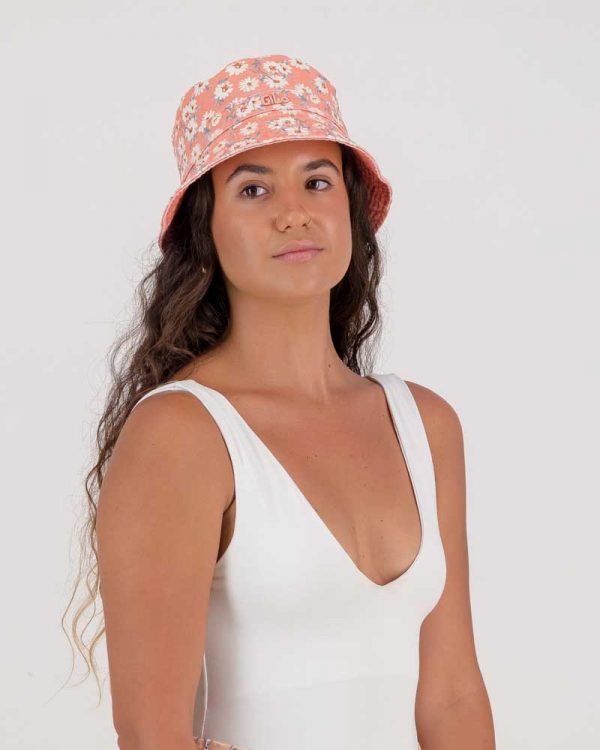 GiLo Lifestyle Ladies Coral Daisy New Washed Chino Reversible Bucket Hat - Shopfox