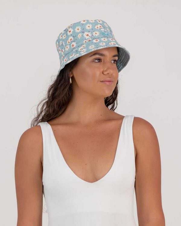 GiLo Lifestyle Ladies Sky Blue Daisy New Washed Chino Reversible Bucket Hat Side view - Shopfox