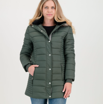 GiLo Lifestyle - Ladies Long Puffer Jacket With Detachable Faux Fur Hood – Wild Forest Green - Shopfox
