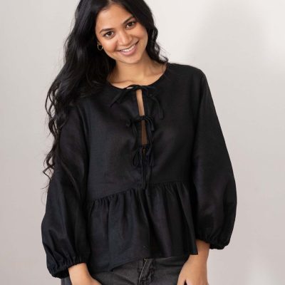 Georgie Linen Blouse - Black - Front - Shopfox