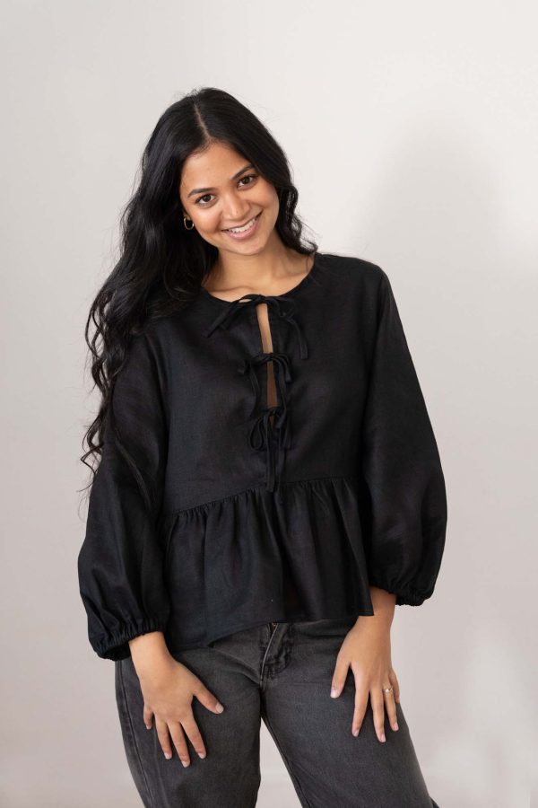 Georgie Linen Blouse - Black - Front - Shopfox